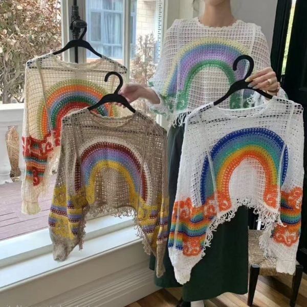 Women’s Multicolour Hollow-Out Crochet Cape Poncho