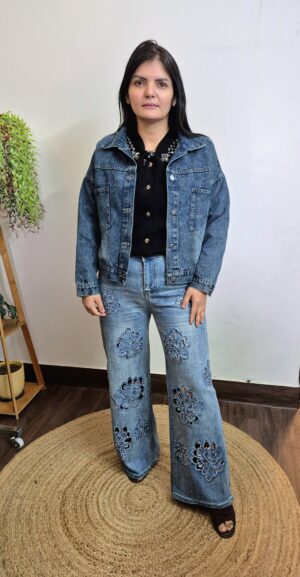 Premium Denim Jacket with Elephant Rhinestone Artwork