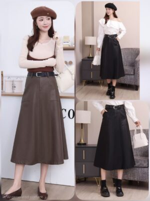Premium Leather A-Line Skirt with Belt & Pockets