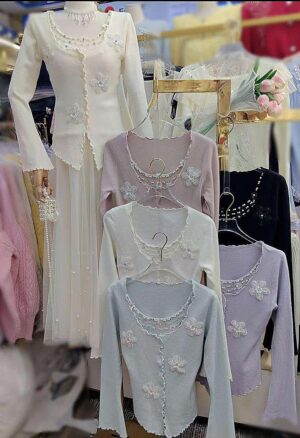 Korean Stylish Bell Sleeve Top with 3D Neck Work