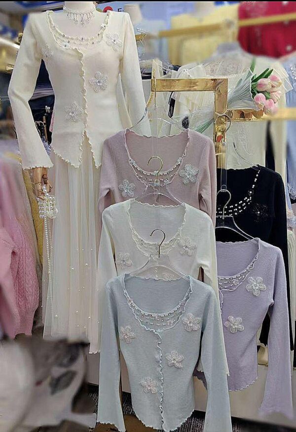 Korean Stylish Bell Sleeve Top with 3D Neck Work