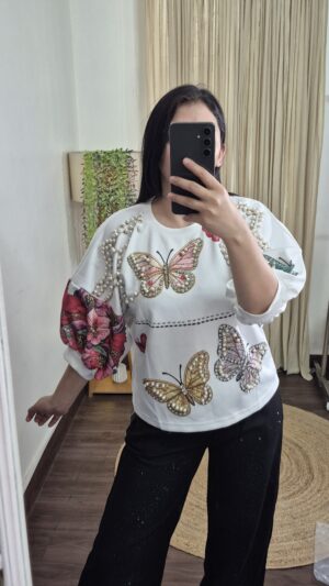 Viral Butterfly Pearl Detail Top
